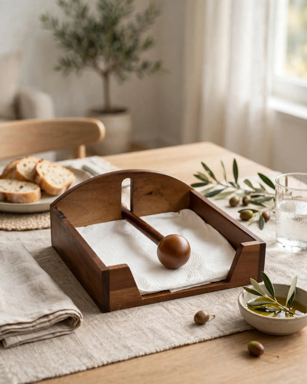 Acacia Wood Napkin Holder with Weighted Ball Arm (19 x 19 cm)