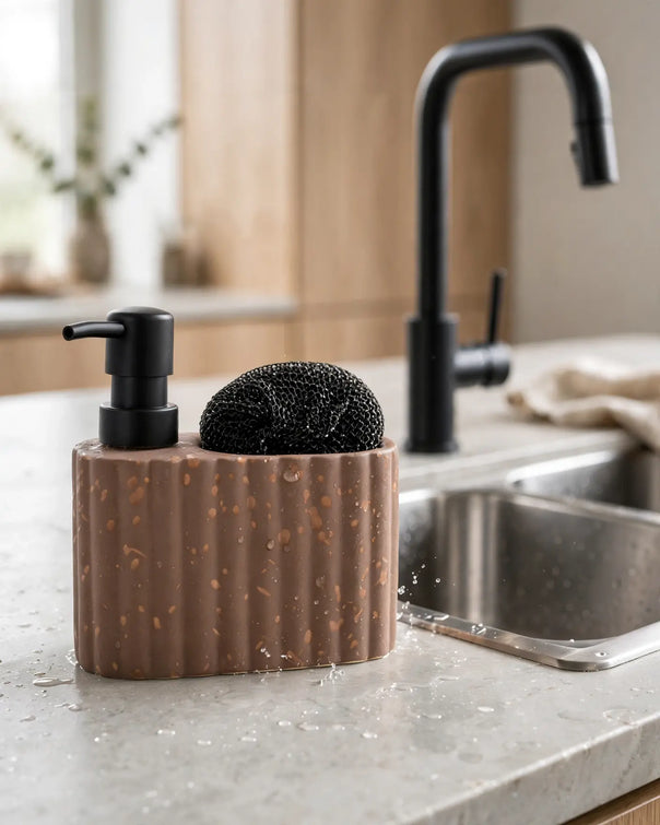 Travertine-Textured Ceramic Soap Dispenser with Sponge Holder, Terracotta Brown