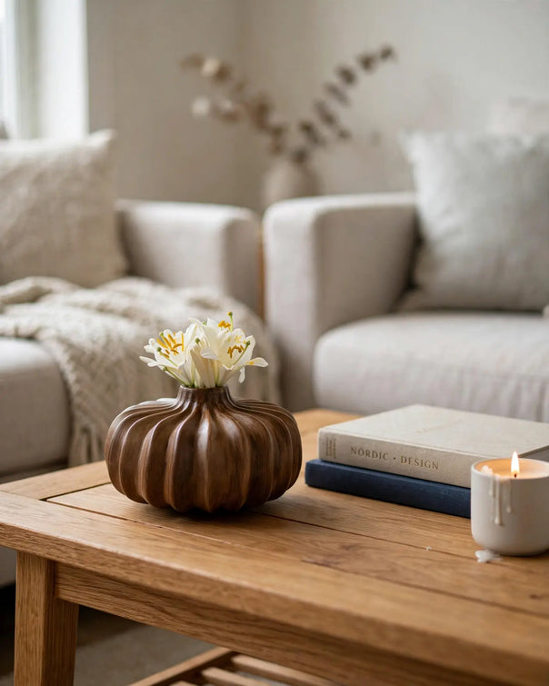Pumpkin Ceramic Vase, Wood Look