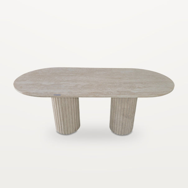 travertine dining table with two fluted pedestals