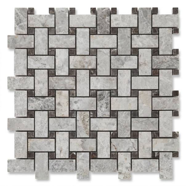 Tundra Grey Basketweave Mosaic Tile, Polished