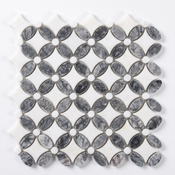 White / Black Flower Mosaic Tile, Polished