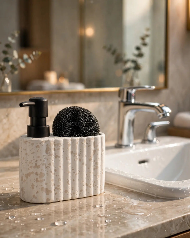 Travertine-Textured Ceramic Soap Dispenser with Sponge Holder, White