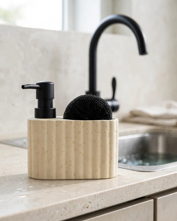 Travertine-Textured Ceramic Soap Dispenser with Sponge Holder, Ecru