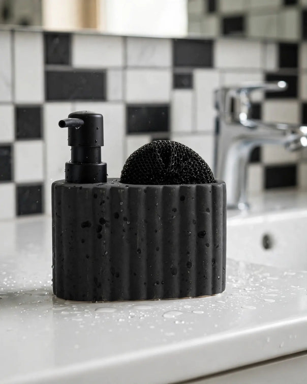Travertine-Textured Ceramic Soap Dispenser with Sponge Holder, Black