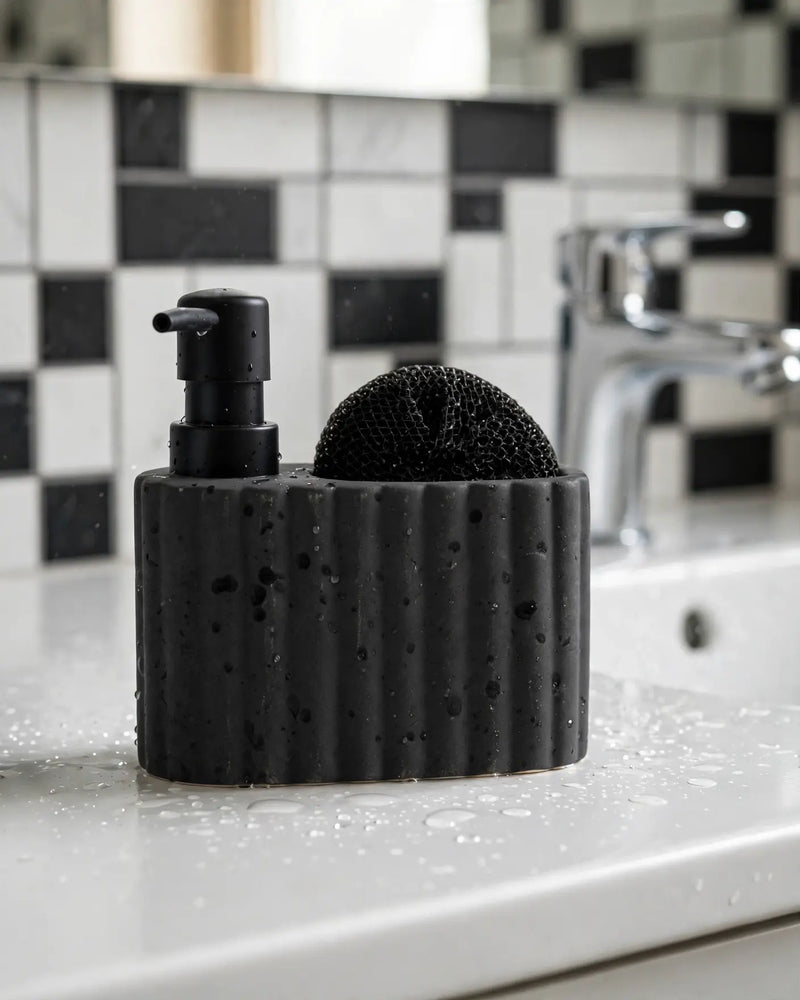 Travertine-Textured Ceramic Soap Dispenser with Sponge Holder, Black