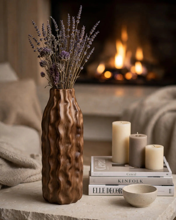 Column Ceramic Wave Vase, Wood Look