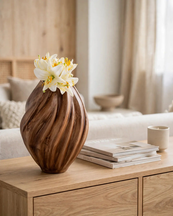 Spiral Ceramic Vase, Wood Look