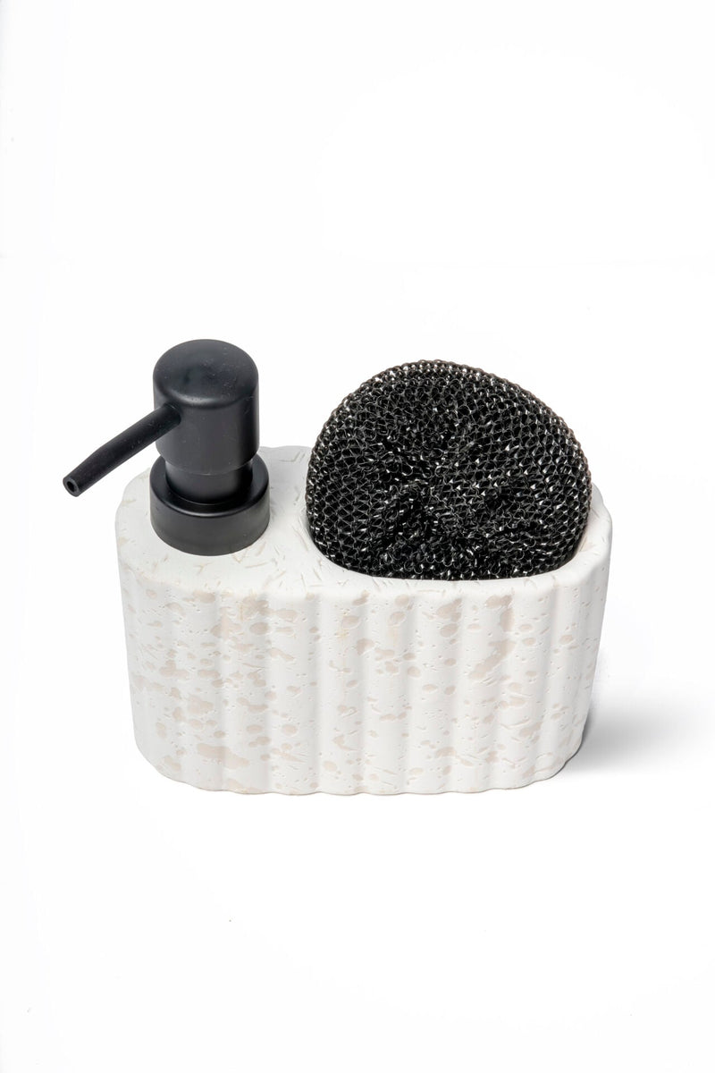 Travertine-Textured Ceramic Soap Dispenser with Sponge Holder, White