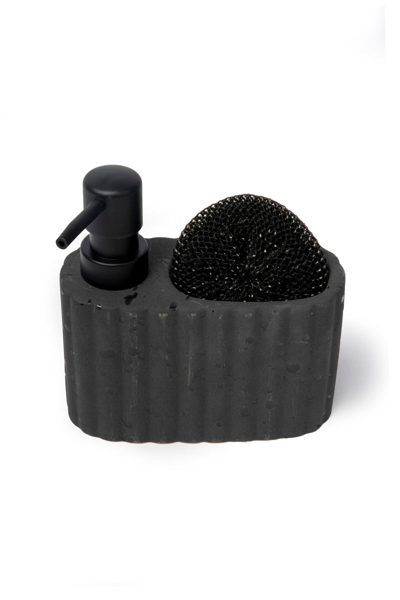 Travertine-Textured Ceramic Soap Dispenser with Sponge Holder, Black