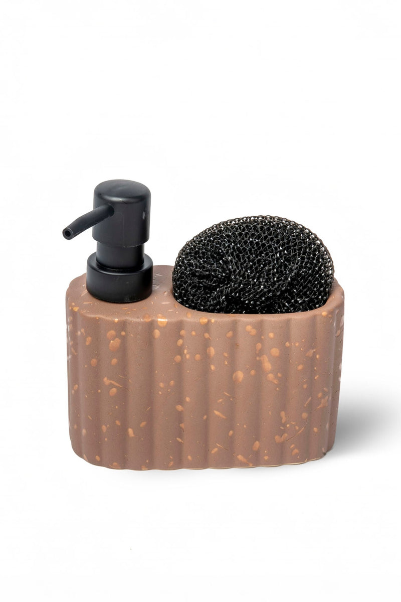 Travertine-Textured Ceramic Soap Dispenser with Sponge Holder, Terracotta Brown