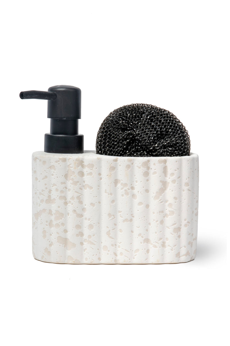 Travertine-Textured Ceramic Soap Dispenser with Sponge Holder, White