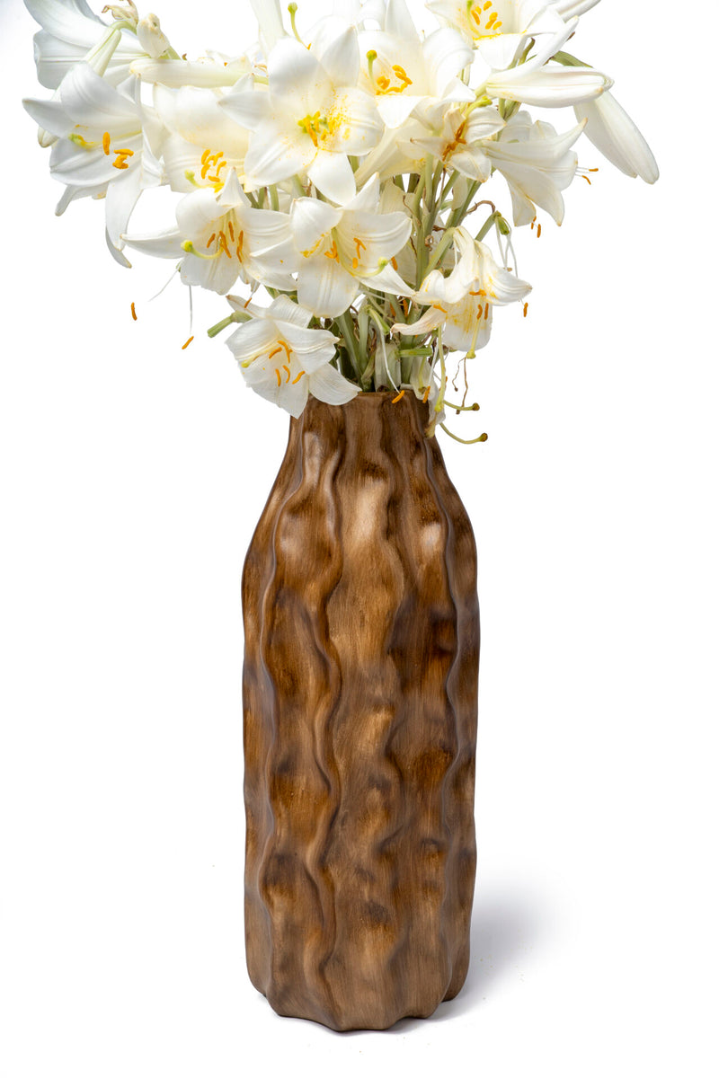 Column Ceramic Wave Vase, Wood Look