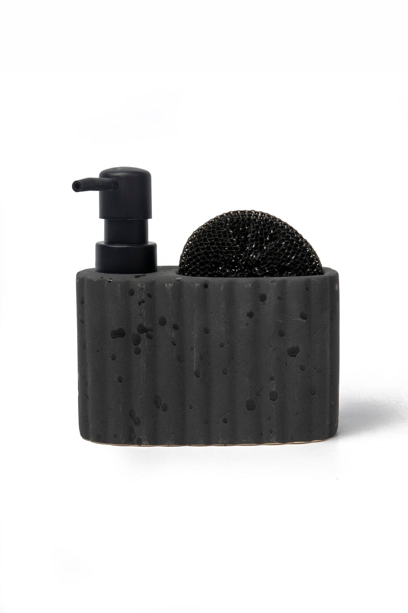 Travertine-Textured Ceramic Soap Dispenser with Sponge Holder, Black