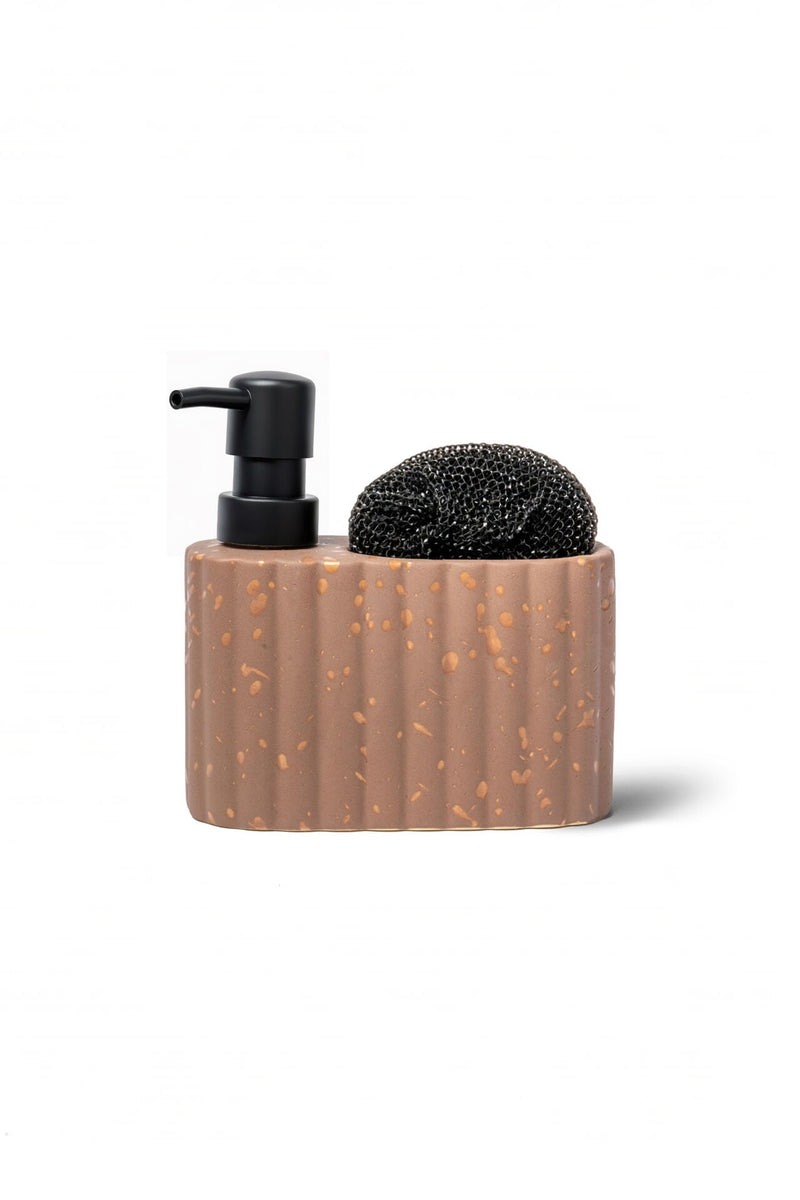 Travertine-Textured Ceramic Soap Dispenser with Sponge Holder, Terracotta Brown