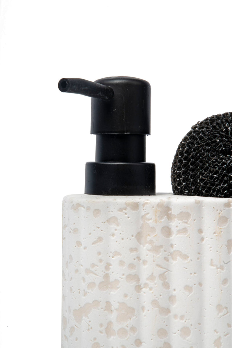 Travertine-Textured Ceramic Soap Dispenser with Sponge Holder, White