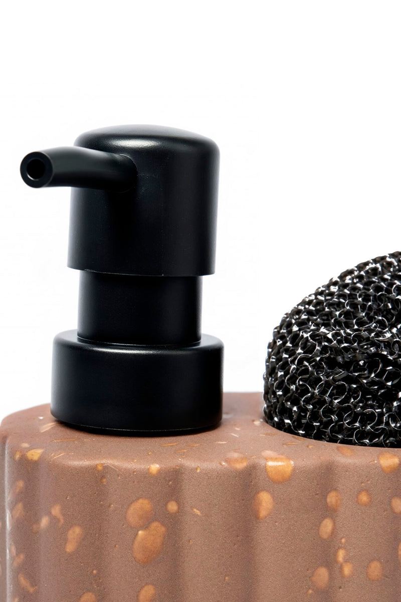 Travertine-Textured Ceramic Soap Dispenser with Sponge Holder, Terracotta Brown