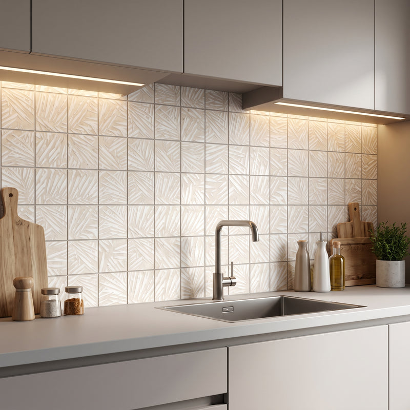 Glacial White Engraved & Painted Marble  3D Tiles Mosaics