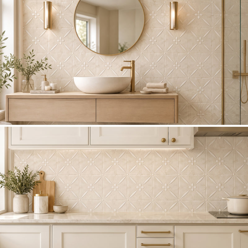 Glacier White Carved and Painted Marble 3D Tiles – 6 × 6 Inch