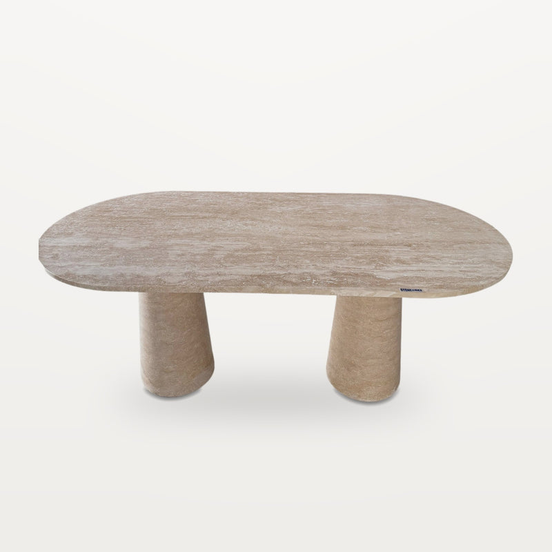 travertine dining table with two cylindrical legs, view 2
