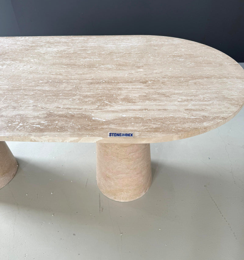 travertine dining table with two cylindrical legs, view 4