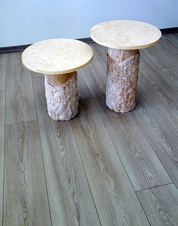round beige stone side table with textured marble base, 35 cm