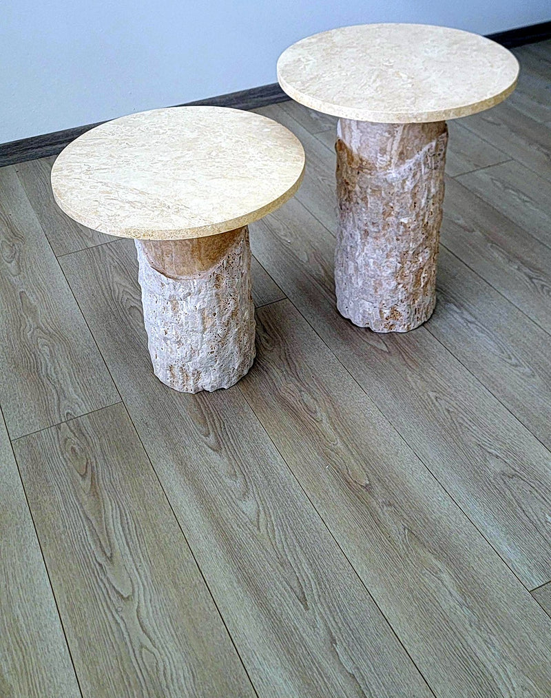 round beige stone side table with textured marble base, 40 cm