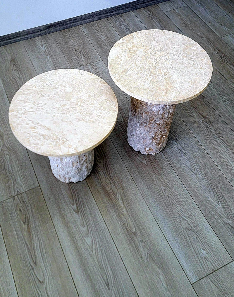 round beige stone side table with textured marble base, 45 cm