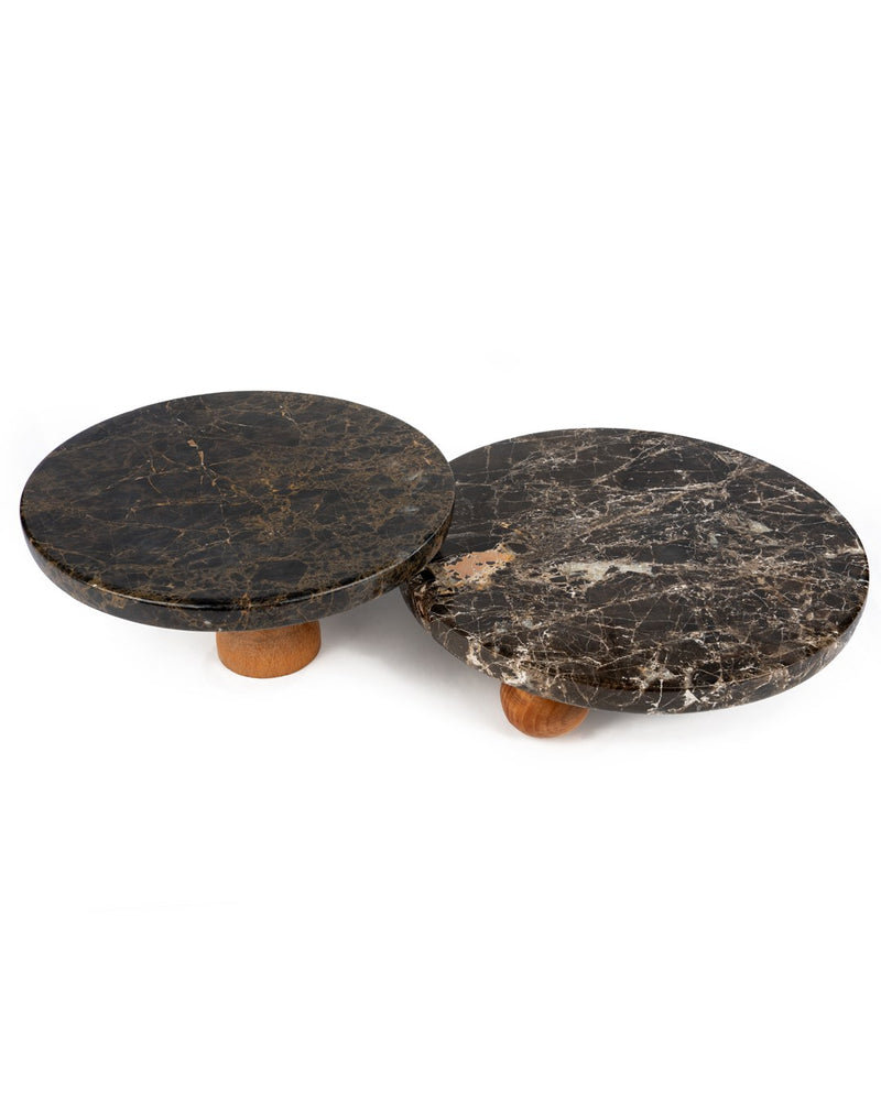 Nora Emperador marble 2-piece serving stand set with wooden feet, view 2