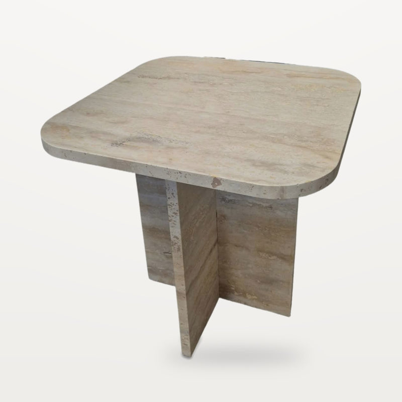 travertine side table with square top and cross base