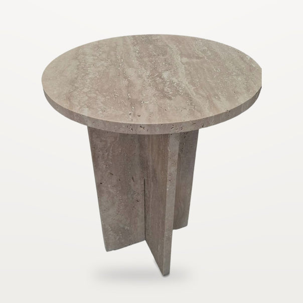 travertine side table with round top and cross base