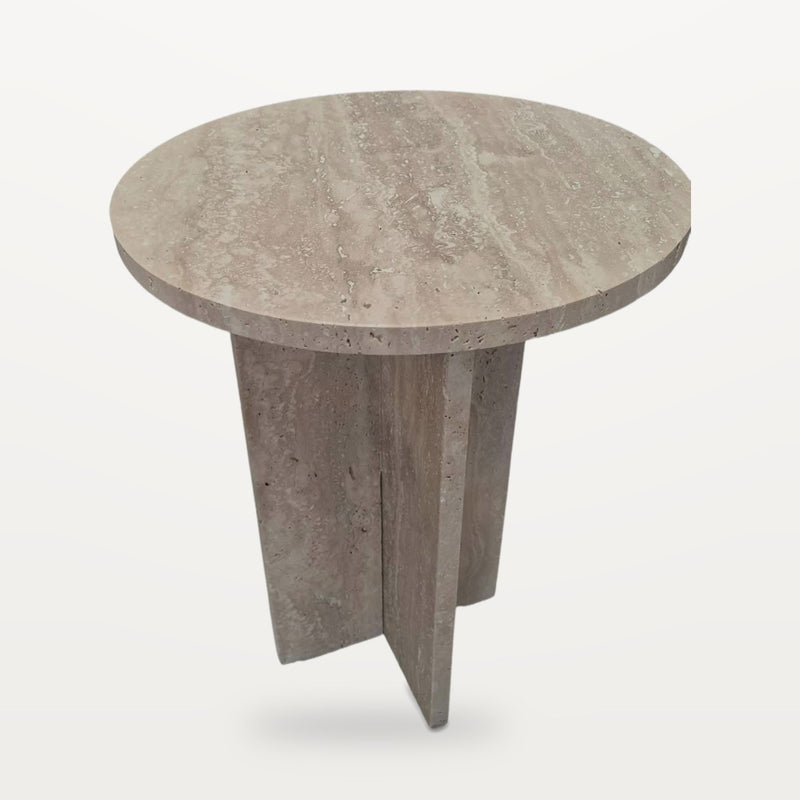 travertine side table with round top and cross base