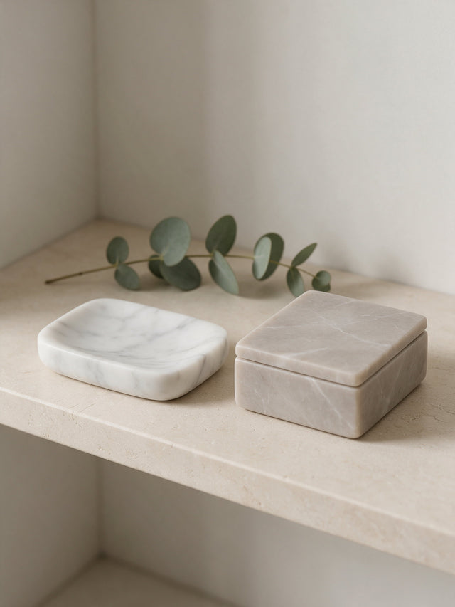 Marble bath accessories on a stone bathroom counter