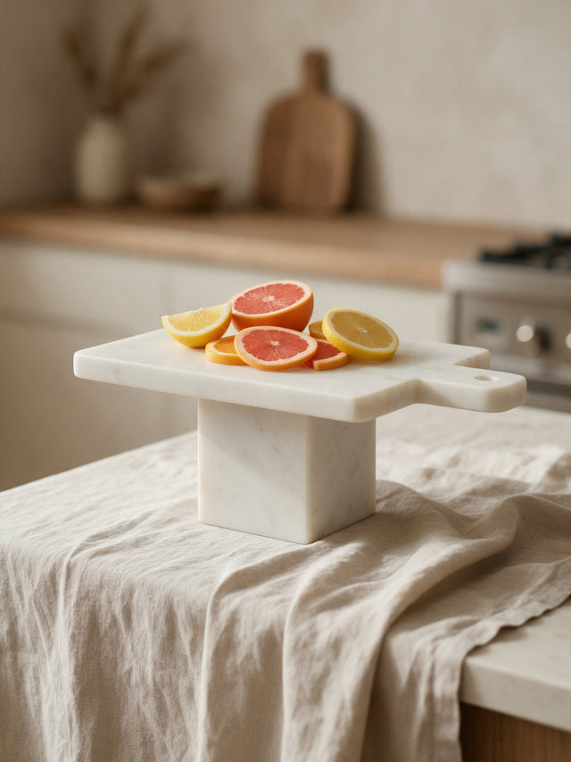 Marble kitchen and serving pieces arranged on a counter