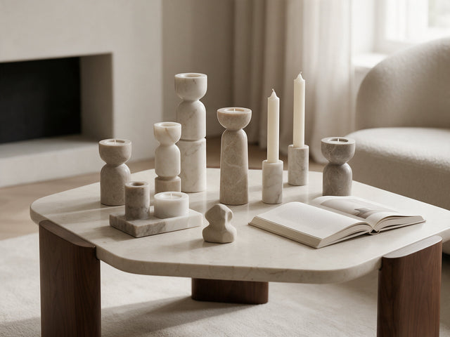 Marble candle holders and decor on a dining table
