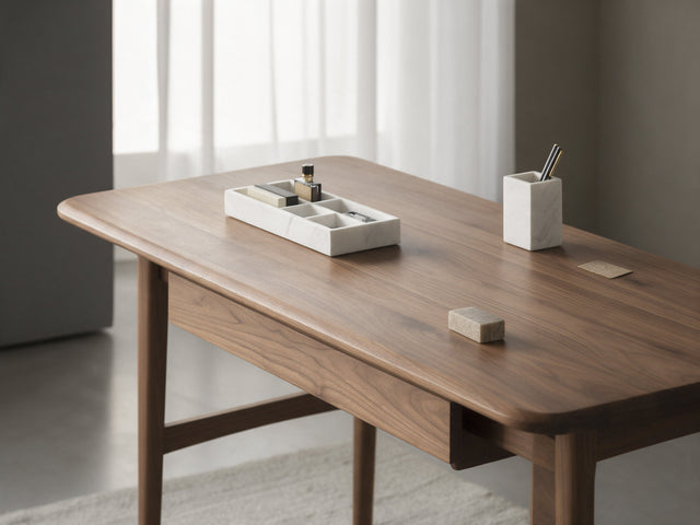 Marble desk organiser and stone office pieces beside books