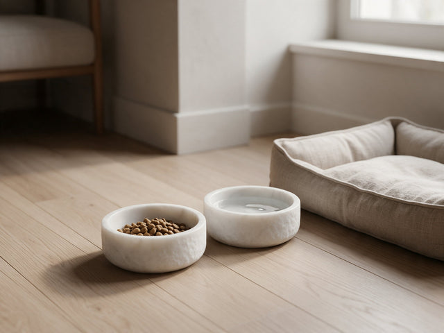 Marble pet bowls on a wooden floor beside a linen pet bed