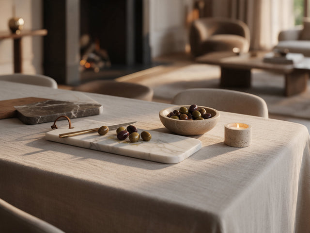 Marble tableware and stone pieces styled on a laid table