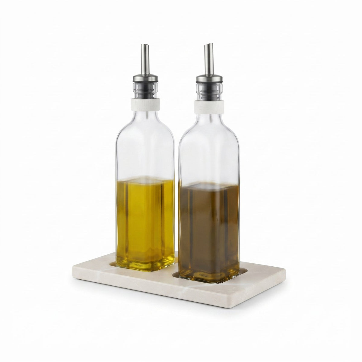 Design concept: Botticino Cream marble tray with oil and vinegar bottles