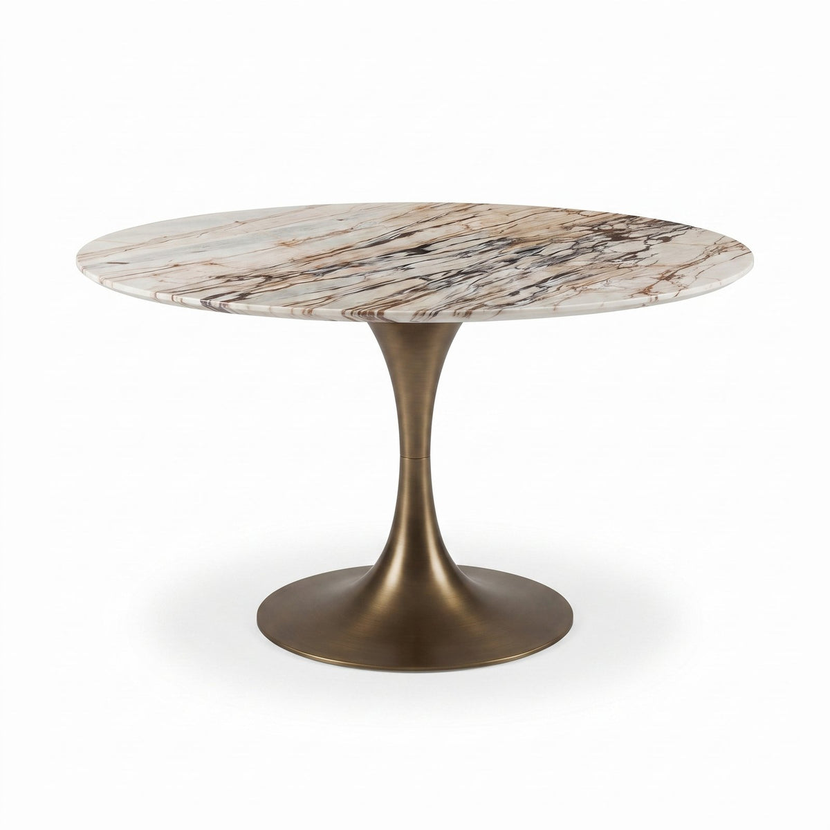 Design concept: Round Calacatta Gold marble dining table on a bronze tulip base