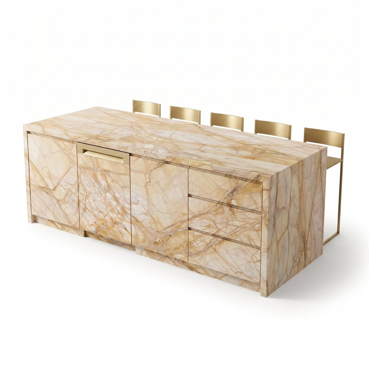 Design concept: Sunset Gold marble kitchen island with brass bar stools