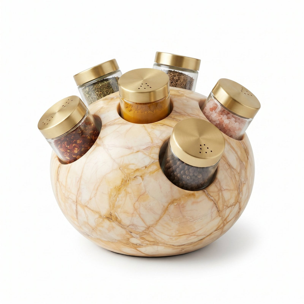 Design concept: Sunset Gold marble spice holder with brass-lidded jars