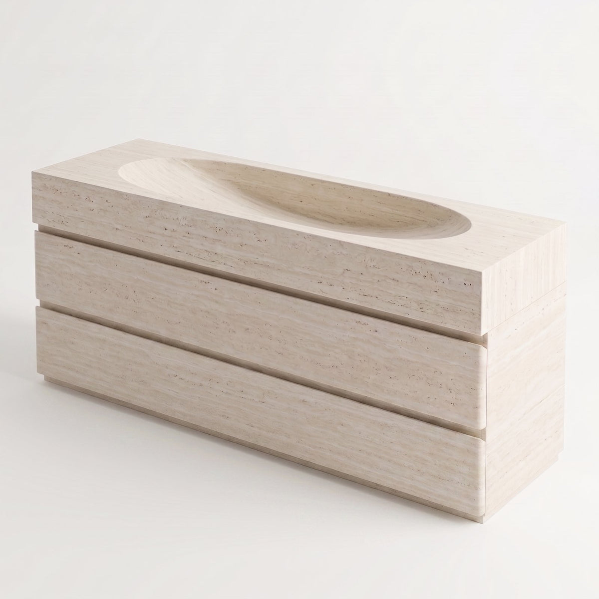 Design concept: White travertine bathroom vanity with a carved basin
