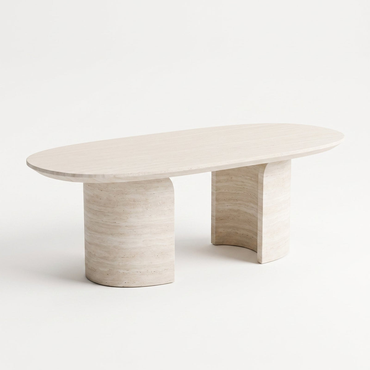 Design concept: White travertine dining table on sculpted pedestal legs
