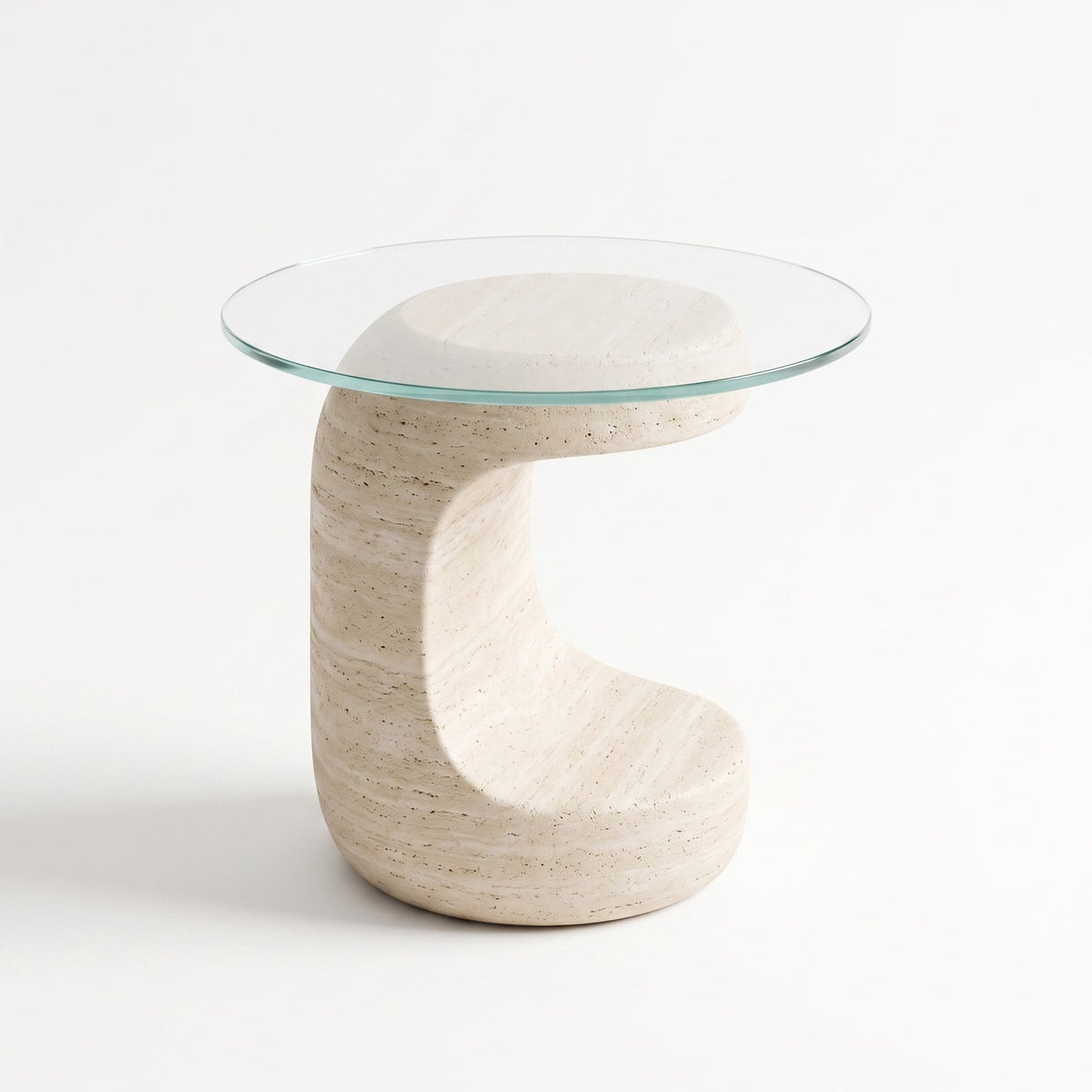 Design concept: White travertine side table with a glass top