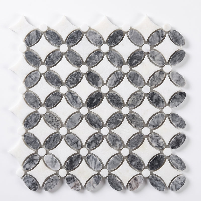 White / Black Flower Mosaic Tile, Polished