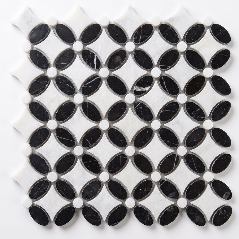 White / Toros Black Flower Mosaic Tile, Polished