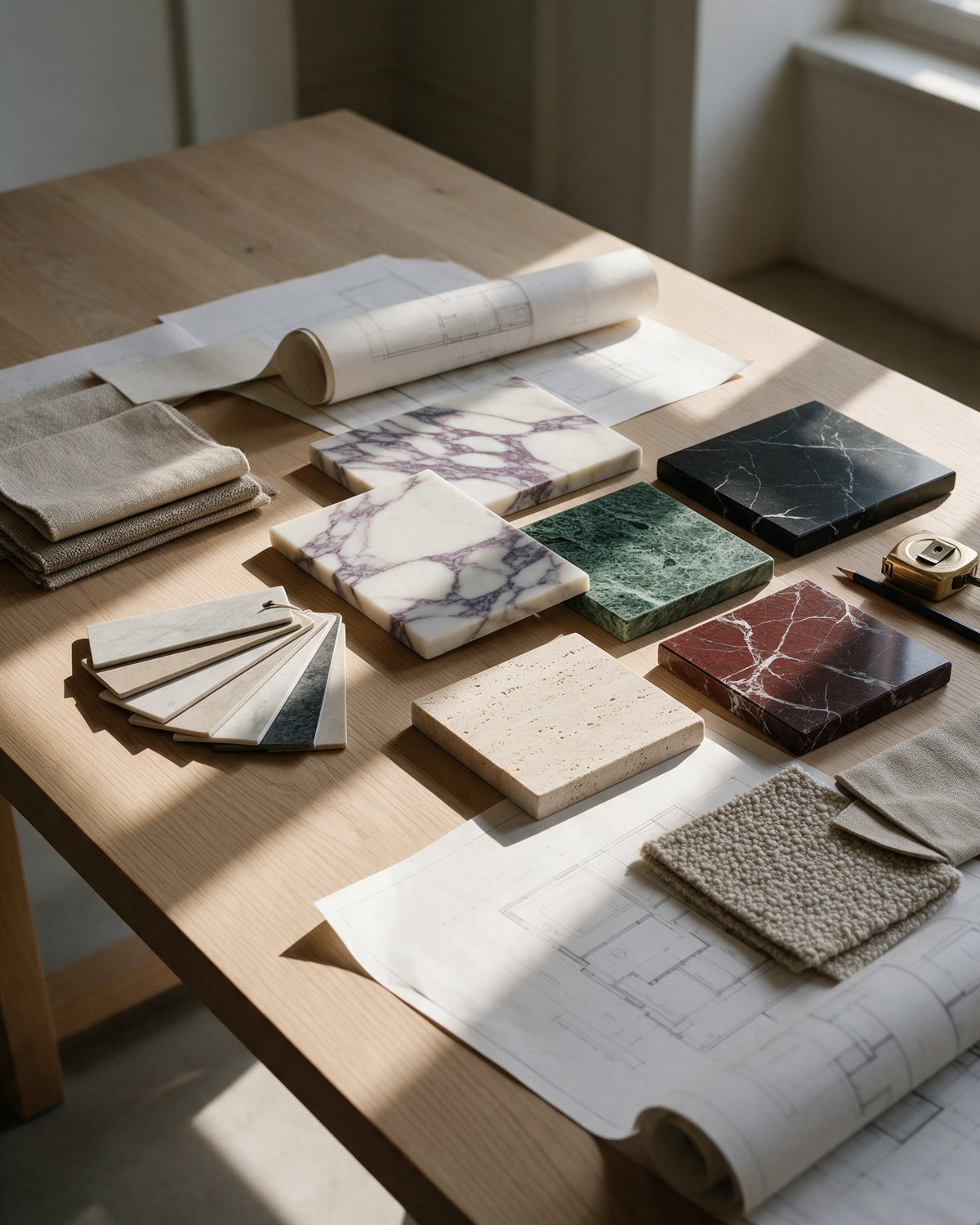 Designer material table with Calacatta Viola, Verde Guatemala, Nero Marquina, Rosso Levanto and travertine samples, fabric swatches, floor plans and brass tape